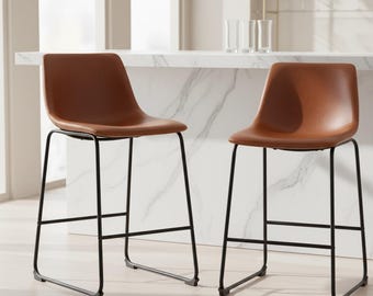 Leather Bar Stools Set of 2 – Counter Height Kitchen Chairs with Sponge Cushion for Island & Dining