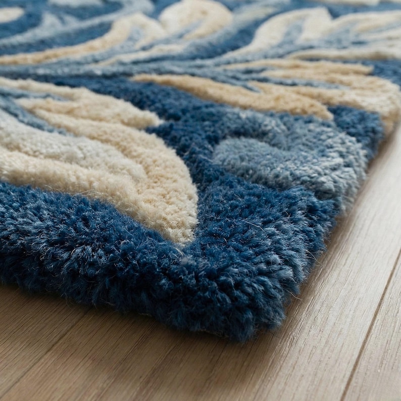 3D Floral Hand Tufted Wool Rug, Navy Blue Botanical Textured Carpet - Etsy