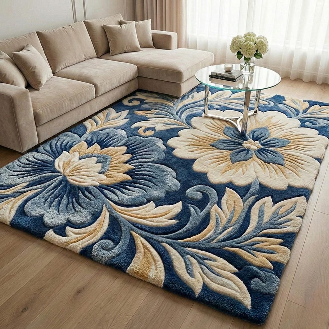 3D Floral Hand Tufted Wool Rug, Navy Blue Botanical Textured Carpet - Etsy