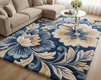 3D Floral Hand Tufted Wool Rug, Navy Blue Botanical Textured Carpet