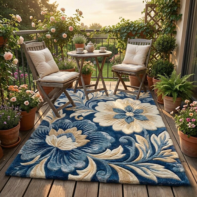 3D Floral Hand Tufted Wool Rug, Navy Blue Botanical Textured Carpet - Etsy