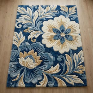 3D Floral Hand Tufted Wool Rug, Navy Blue Botanical Textured Carpet - Etsy