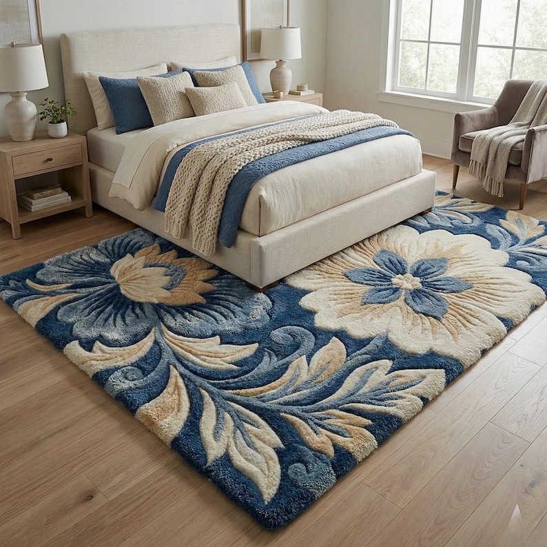 3D Floral Hand Tufted Wool Rug, Navy Blue Botanical Textured Carpet - Etsy