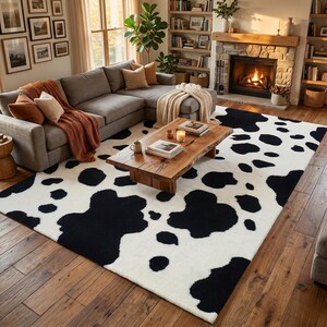 May include: A large, rectangular area rug with a cowhide pattern in black and white. The rug is placed in a living room with a gray sectional sofa, a wooden coffee table, and a fireplace. The room has hardwood floors and is decorated with neutral tones.