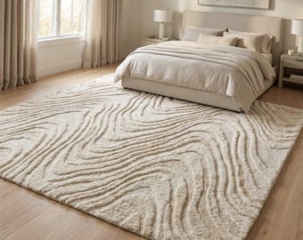 Ivory Hand Tufted Area Rug, Modern Abstract Wave Rug, Neutral Cream Wool Carpet, Textured Bedroom Rug, Luxury Living Room Decor