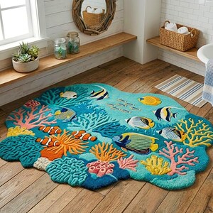 May include: A vibrant, ocean-themed bath mat. The mat has a turquoise base with coral and fish designs in orange, yellow, pink, and black. The mat is shaped like a coral reef and adds a decorative touch to any bathroom.