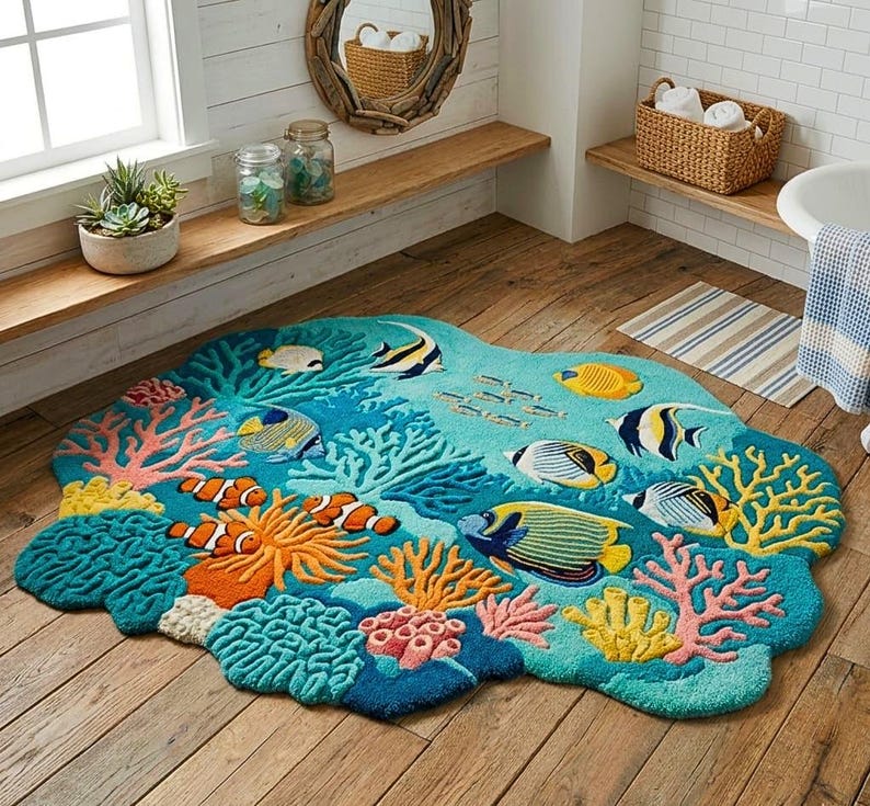 May include: A vibrant, ocean-themed bath mat. The mat has a turquoise base with coral and fish designs in orange, yellow, pink, and black. The mat is shaped like a coral reef and adds a decorative touch to any bathroom.