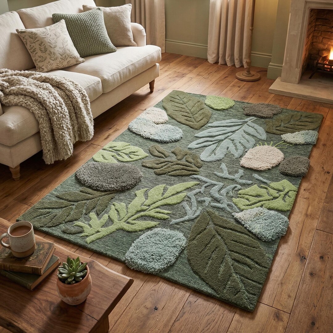 Botanical Leaf Hand Tufted Rug | Tropical Wool | Green Living Room ...