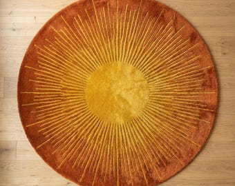 Sunburst Design Rug | Hand-Tufted Round Rug in Rich Burnt Orange & Golden Mustard