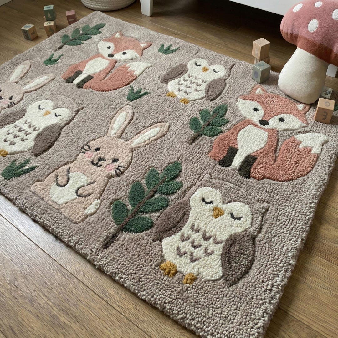 Nursery Rug Woodland Animals Rug, Hand Tufted Wool Rug, Soft Kids Rug ...