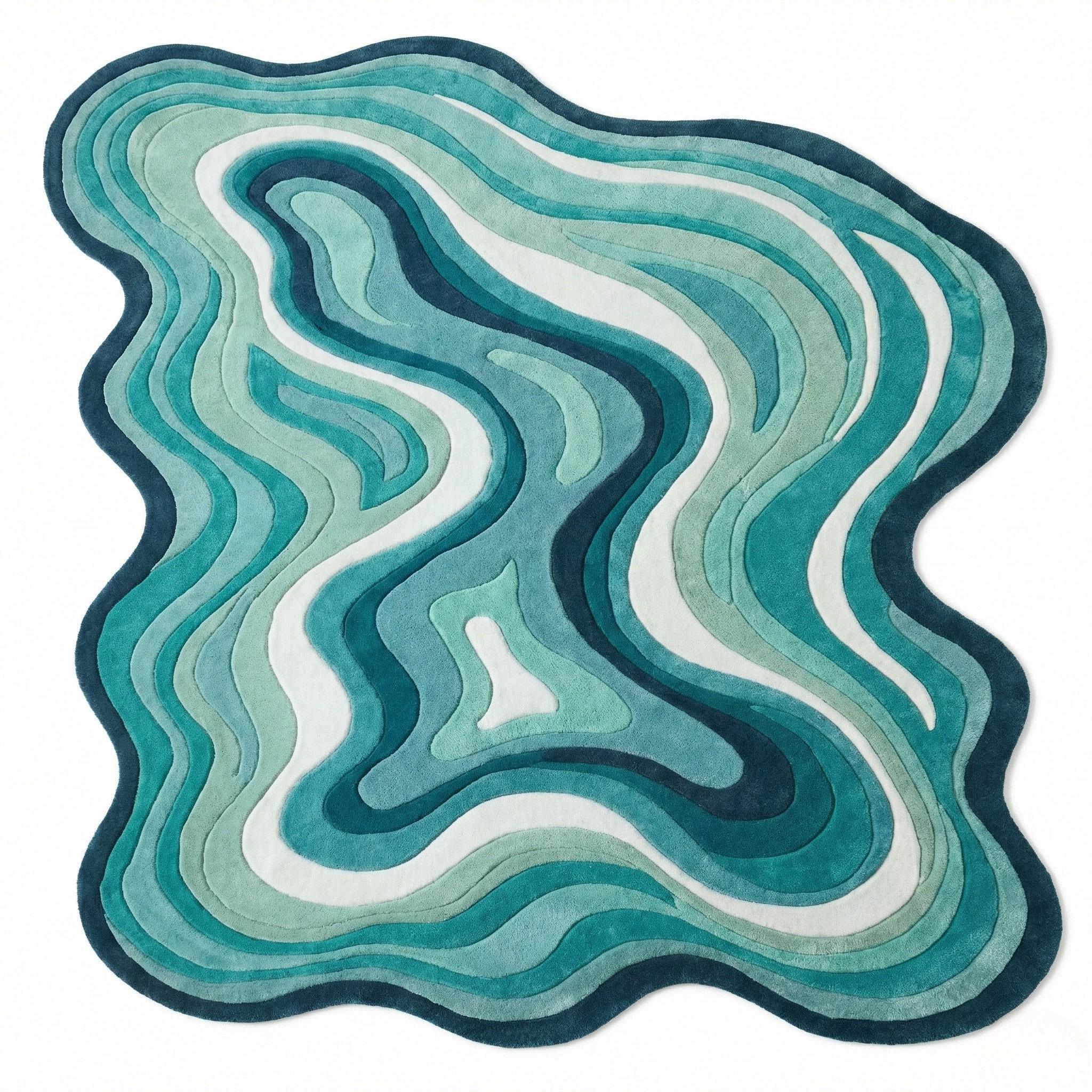 Teal Pattern Rug Texture Hand Tufted Wool Rug, Teal Blue 3D Textured Abstract Organic Shape ...
