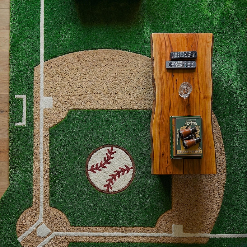 Baseball Rug Drawing Hand Tufted Baseball Diamond Rug, 3D Textured Turf Carpet, Kids Sports ...