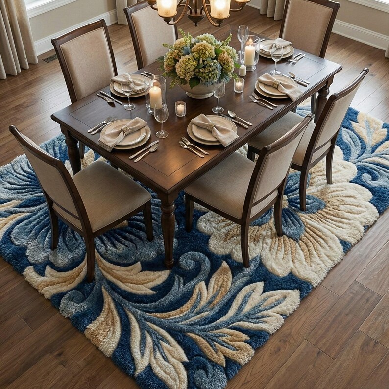 3D Floral Hand Tufted Wool Rug, Navy Blue Botanical Textured Carpet - Etsy