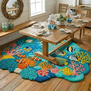 May include: A vibrant, ocean-themed rug with coral and fish patterns. The rug is mainly blue, with orange, yellow, and pink details. It's positioned beneath a wooden dining table, contributing to a seaside atmosphere.