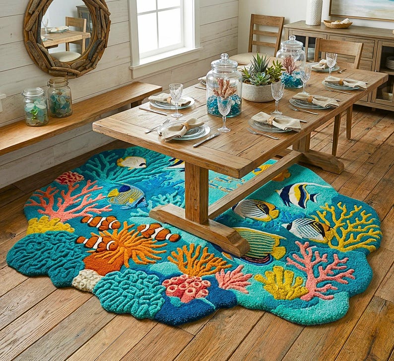 May include: A vibrant, ocean-themed rug with coral and fish patterns. The rug is mainly blue, with orange, yellow, and pink details. It's positioned beneath a wooden dining table, contributing to a seaside atmosphere.