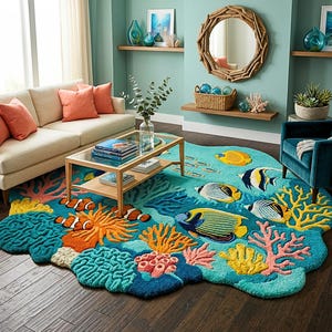 Hand Tufted Coral Reef Ocean Rug | Clownfish Tropical Fish Shaped Wool Carpet | Coastal Beach House Bathroom Accent Decor