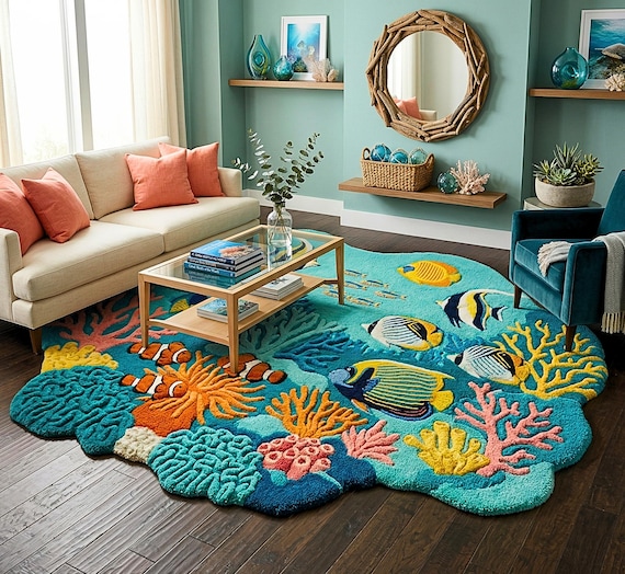 Hand Tufted Coral Reef Rug | Tropical Fish, Clownfish, Coastal Accent Carpet