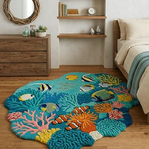 May include: A vibrant, ocean-themed rug with a playful design. The rug depicts various fish, coral, and marine elements in blue, green, yellow, orange, and pink. The rug's irregular shape enhances its unique aesthetic.