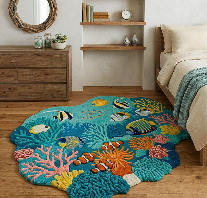 May include: A vibrant, ocean-themed rug with a playful design. The rug depicts various fish, coral, and marine elements in blue, green, yellow, orange, and pink. The rug's irregular shape enhances its unique aesthetic.