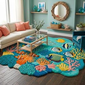 Hand Tufted Coral Reef Rug | Tropical Fish, Clownfish, Coastal Accent Carpet image 6