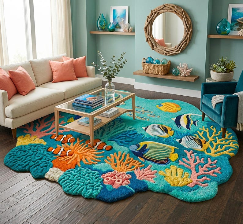 Hand Tufted Coral Reef Rug | Tropical Fish, Clownfish, Coastal Accent Carpet image 6