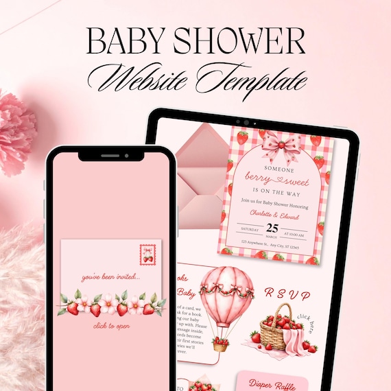 Berry Sweet Baby Shower Website Template with RSVP | Editable Canva | Digital Invitation | Strawberry Is On the Way | Pink Gingham Coquette