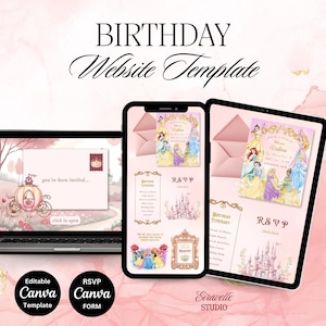 Princess Birthday Website Template with RSVP | Editable Canva | Digital Invitation | Watercolor Royal Princess | Any Age Princess