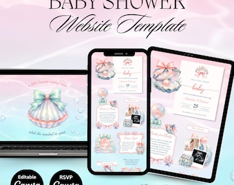 Puede incluir: Una plantilla de sitio web para baby shower mostrada en una computadora portátil, un teléfono inteligente y una tableta. El diseño presenta ilustraciones en acuarela de conchas, perlas y lazos en tonos rosa y azul con el texto BABY SHOWER Website Template.