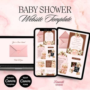 Baby Is Brewing Baby Shower Website Template with RSVP | Editable Canva | Digital Invitation | Cafe Bebe Latte Espresso Coffee Beans | Pink