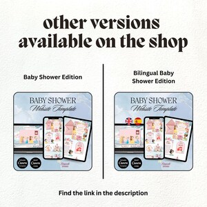 Puede incluir: Plantillas de sitios web para baby shower mostradas en una computadora port&aacute;til, tableta y tel&eacute;fono inteligente. Los dise&ntilde;os incluyen ilustraciones de princesas, sobres rosas y detalles florales. El texto incluye "other versions available on the shop" y "Find the link in the description."