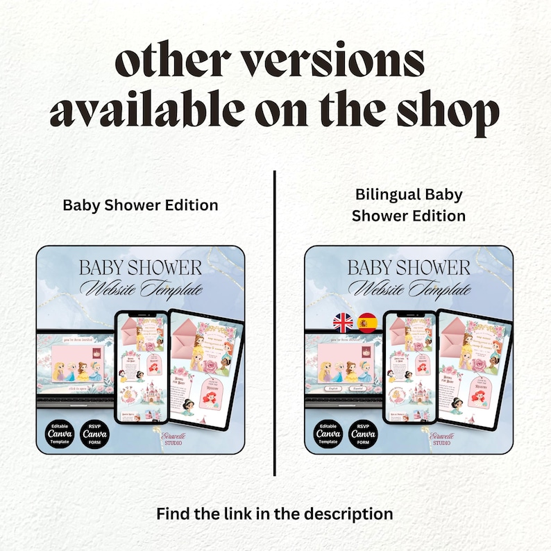 Puede incluir: Plantillas de sitios web para baby shower mostradas en una computadora port&aacute;til, tableta y tel&eacute;fono inteligente. Los dise&ntilde;os incluyen ilustraciones de princesas, sobres rosas y detalles florales. El texto incluye "other versions available on the shop" y "Find the link in the description."