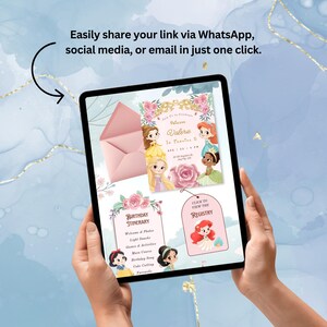 Puede incluir: Una pantalla de tableta digital que muestra un conjunto de invitaciones de cumplea&ntilde;os con tem&aacute;tica de princesas, con personajes de dibujos animados, detalles florales, un sobre rosa, un itinerario y un enlace de registro, con el texto "Join Us to Celebrate Princess Valerie Is Turning 5".
