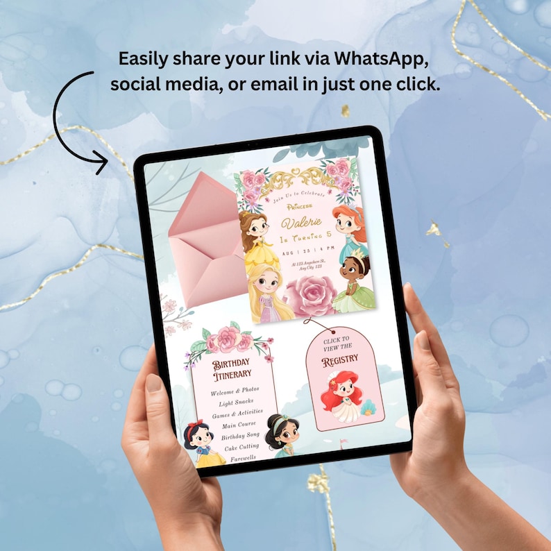 Puede incluir: Una pantalla de tableta digital que muestra un conjunto de invitaciones de cumplea&ntilde;os con tem&aacute;tica de princesas, con personajes de dibujos animados, detalles florales, un sobre rosa, un itinerario y un enlace de registro, con el texto "Join Us to Celebrate Princess Valerie Is Turning 5".