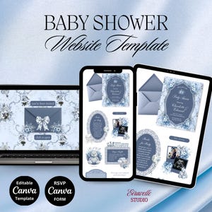 May include: A digital baby shower website template displayed on a laptop, smartphone, and tablet screen. The design features blue floral patterns, envelopes, a teddy bear, and baby-themed graphics with text including Baby Shower Website Template.