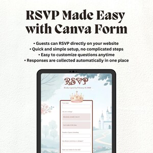 Puede incluir: Una tableta digital muestra un formulario de confirmaci&oacute;n de asistencia con tem&aacute;tica de castillo de cuento de hadas, con un icono de corona y campos para datos de invitados. El texto superior dice: RSVP Made Easy with Canva Form.