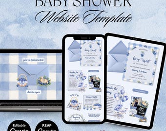 Puede incluir: Una plantilla de sitio web para baby shower mostrada en una computadora portátil, un teléfono inteligente y una tableta. El diseño presenta un patrón de cuadros vichy azul y blanco con ilustraciones en acuarela de arándanos, cestas y artículos de bebé con texto.