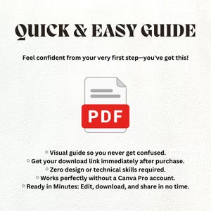 以下が含まれることがあります： QUICK & EASY GUIDE、Feel confident from your very first step&mdash;you've got this!というテキストとPDFアイコンが記載されたデジタルガイド。箇条書きで視覚的なガイド、即時ダウンロード、技術的スキル不要といった特徴が説明されています。