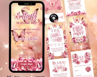 Puede incluir: Una invitación digital para baby shower en la pantalla de un teléfono y paneles verticales, con mariposas rosas, detalles florales y texto que incluye A Little Butterfly Is On The Way, Vyvian Sinclair y Google Maps.