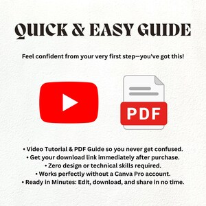 Puede incluir: Una gu&iacute;a digital titulada QUICK & EASY GUIDE con el texto Feel confident from your very first step&mdash;you've got this! Incluye un icono rojo de bot&oacute;n de reproducci&oacute;n de YouTube y un icono rojo de documento PDF, seguidos de cinco puntos.