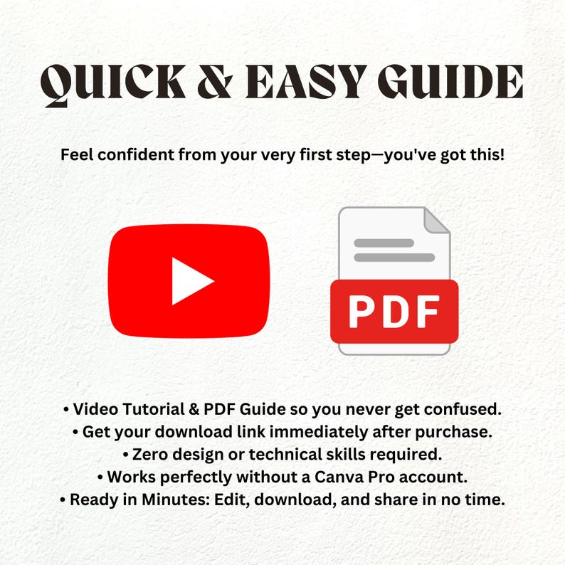 Puede incluir: Una gu&iacute;a digital titulada QUICK & EASY GUIDE con el texto Feel confident from your very first step&mdash;you've got this! Incluye un icono rojo de bot&oacute;n de reproducci&oacute;n de YouTube y un icono rojo de documento PDF, seguidos de cinco puntos.