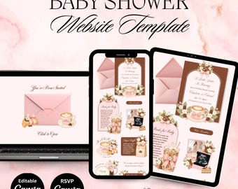 Puede incluir: Una plantilla de sitio web digital para baby shower mostrada en una computadora portátil, un teléfono inteligente y una tableta. El diseño presenta una paleta de colores rosa y marrón con ilustraciones de café, croissants y sobres. Texto: BABY SHOWER.