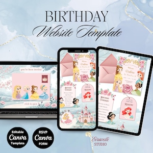 Puede incluir: Una plantilla de sitio web de cumplea&ntilde;os digital mostrada en una computadora port&aacute;til, un tel&eacute;fono inteligente y una tableta. El dise&ntilde;o presenta princesas de dibujos animados, un castillo rosa, detalles florales y texto como BIRTHDAY Website Template.