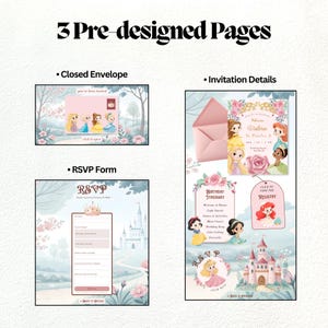 Puede incluir: Un conjunto de invitaciones digitales con 3 p&aacute;ginas predise&ntilde;adas: un sobre cerrado, un formulario de RSVP y detalles de la invitaci&oacute;n. Los gr&aacute;ficos incluyen princesas estilo chibi, un castillo rosa, detalles florales y texto como RSVP, Birthday Itinerary y Registry.