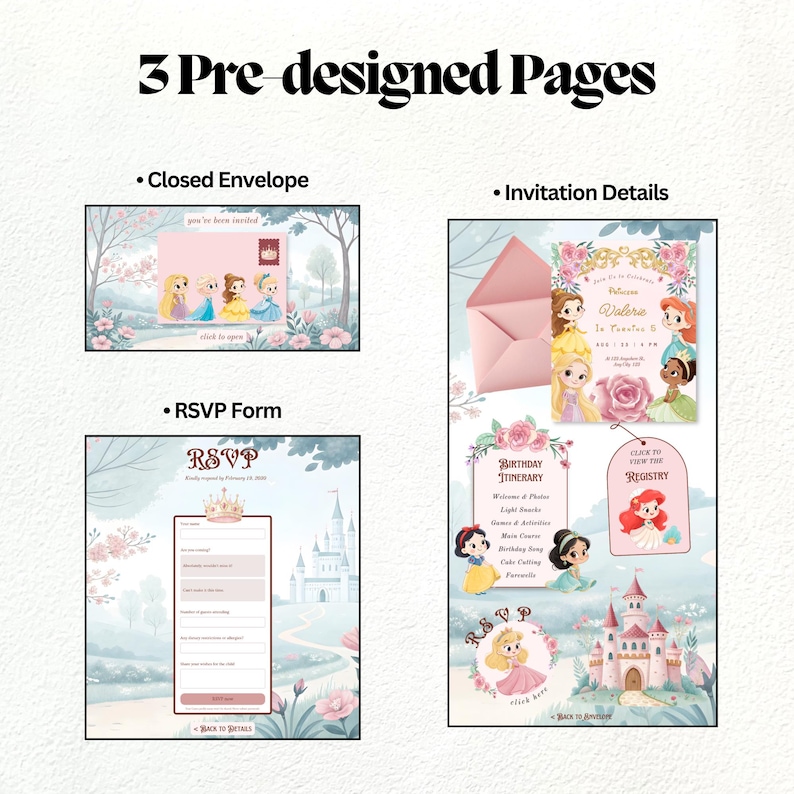 Puede incluir: Un conjunto de invitaciones digitales con 3 p&aacute;ginas predise&ntilde;adas: un sobre cerrado, un formulario de RSVP y detalles de la invitaci&oacute;n. Los gr&aacute;ficos incluyen princesas estilo chibi, un castillo rosa, detalles florales y texto como RSVP, Birthday Itinerary y Registry.