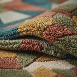 May include: A tufted rug featuring a geometric pattern of triangles in shades of mustard yellow, sage green, terracotta red, teal blue, and off-white. The textile has a thick, textured pile surface with visible loops creating a soft, raised appearance.