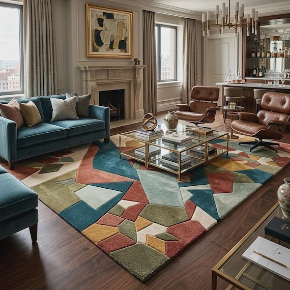 Hand Tufted Abstract Geometric Rug, Modern Wool Area Rug, Colorful Contemporary Rug, Handmade Statement Rug, Luxury Living Room Decor