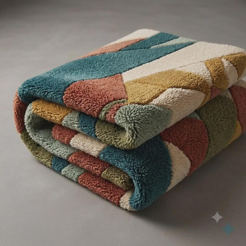 May include: A folded bath mat featuring a textured, tufted surface with a geometric pattern in shades of teal, terracotta, mustard yellow, and cream. The thick, plush pile creates a soft, layered appearance with distinct color-blocked sections.
