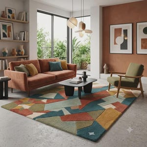 May include: A large area rug featuring a geometric pattern with blocks of terracotta, sage green, mustard yellow, and teal blue. The rug has a textured, tufted surface and is positioned in a living room with a matching terracotta sofa and chair.