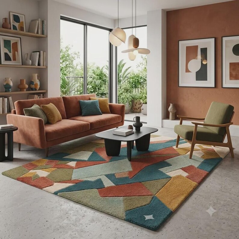 May include: A large area rug featuring a geometric pattern with blocks of terracotta, sage green, mustard yellow, and teal blue. The rug has a textured, tufted surface and is positioned in a living room with a matching terracotta sofa and chair.