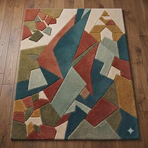 May include: A rectangular area rug featuring a geometric pattern of interlocking shapes in shades of teal, terracotta, mustard yellow, olive green, and cream. The design consists of various polygons and angular forms with a textured pile surface.